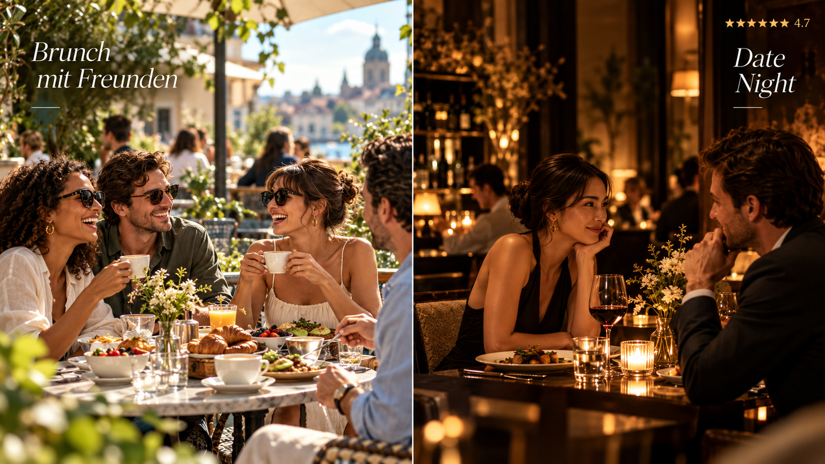 Zwei Restaurants im Vergleich: Freunde beim Brunch im Freien und ein Paar bei einem ruhigen Abendessen.