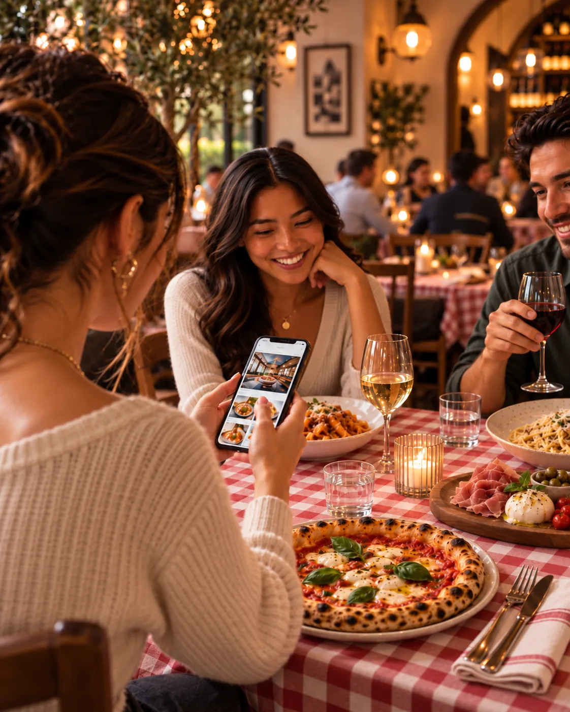 Freundinnen und Freunde beim italienischen Abendessen, eine Person zeigt etwas auf dem Smartphone