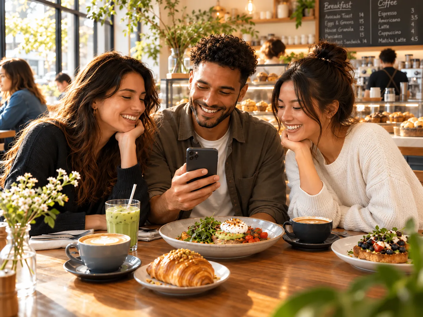 Drei Freunde genießen gemeinsam Brunch in einem Café