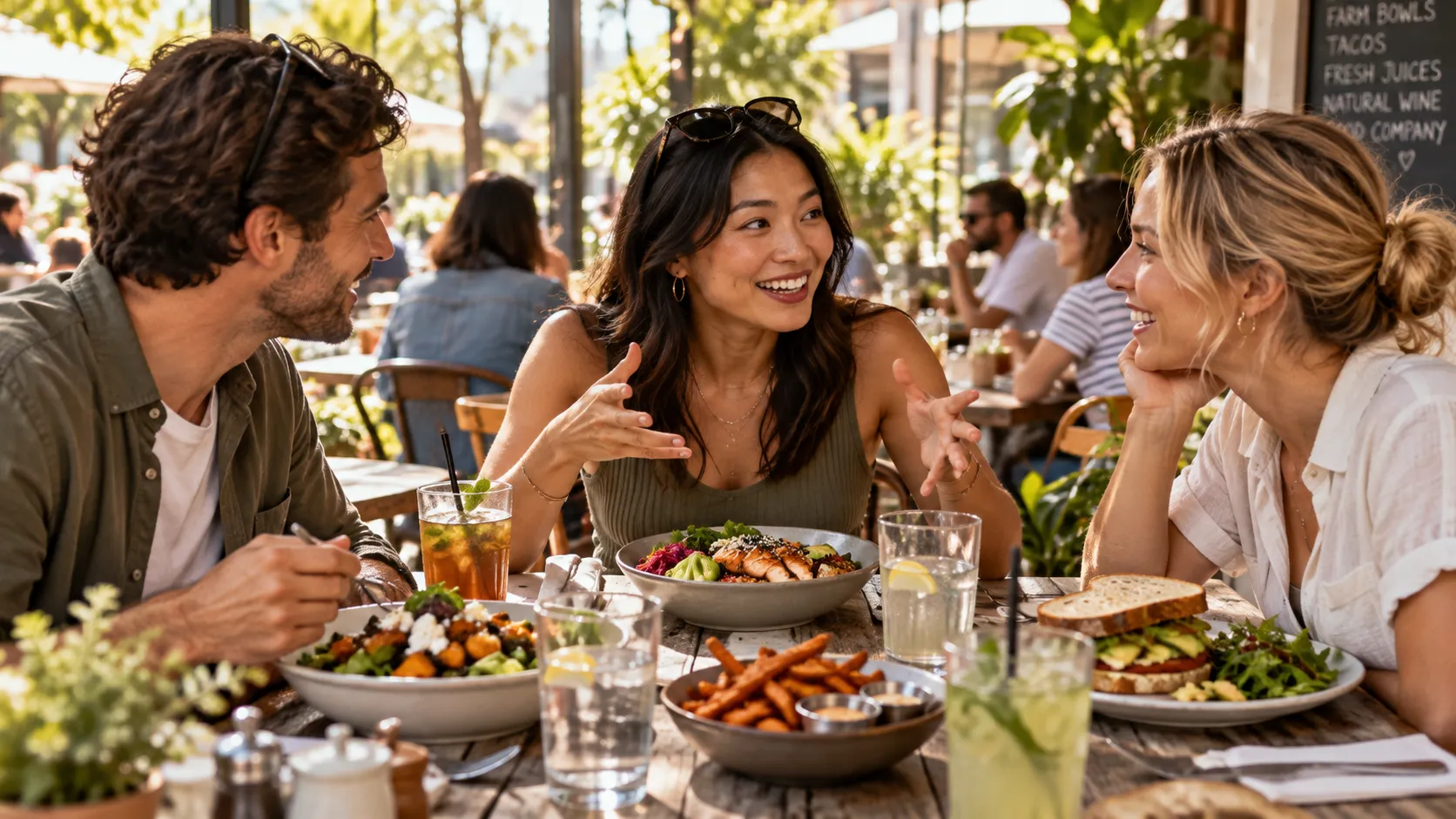 Drei Freunde unterhalten sich bei einem entspannten Mittagessen mit Bowls und Sandwiches in einem hellen, ungezwungenen Restaurant.