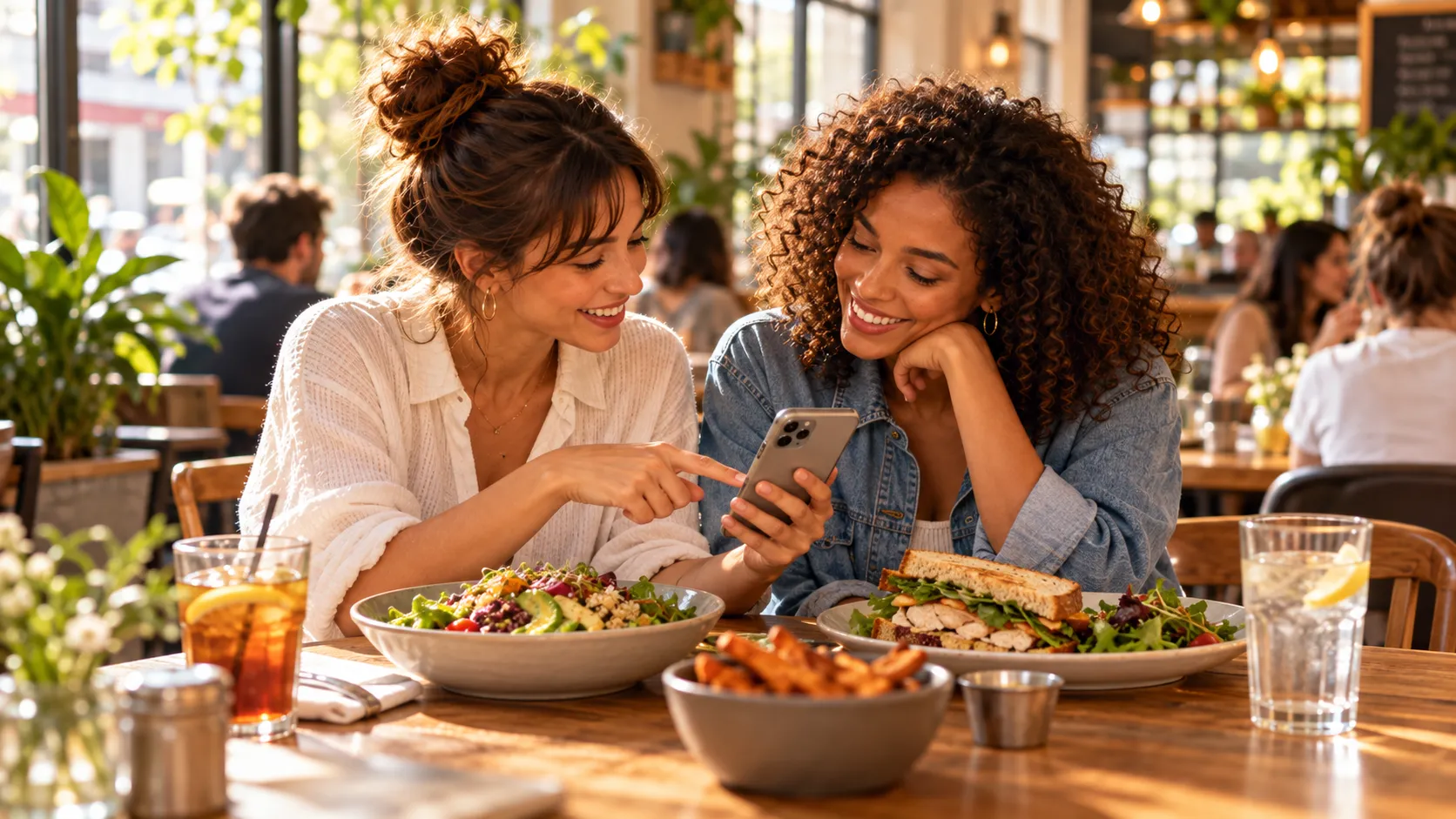 Zwei Freundinnen schauen sich beim gemeinsamen Mittagessen in einem lockeren Restaurant eine Empfehlung auf dem Smartphone an.