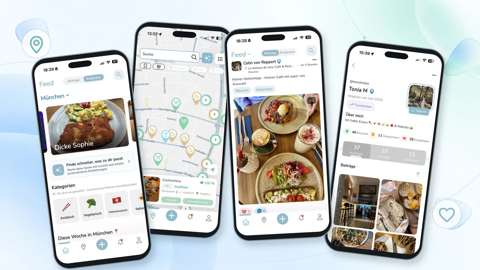 Aktuelle Localee-App mit Entdecken, Karte, Beiträgen und Profil in leicht versetzten iPhone-Rahmen