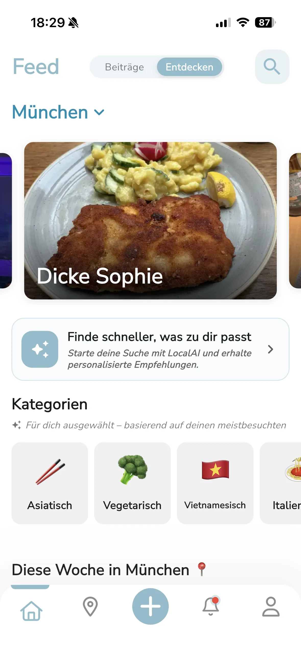Localee Feed „Entdecken“ mit Restaurant-Tipps in München