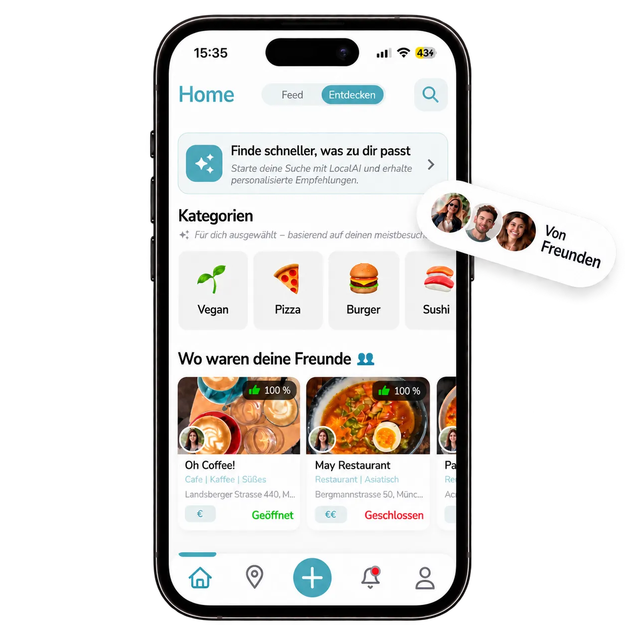 Localee App: Entdecken-Feed mit dem Bereich „Wo waren deine Freunde“, Kategorien und Orten mit 100 % Empfehlung