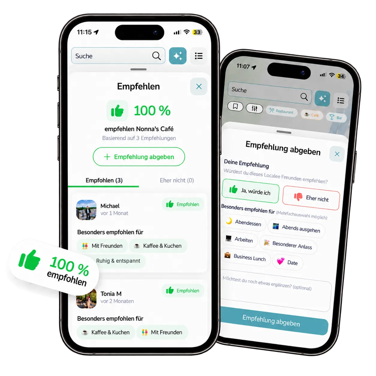 Localee App: Empfehlungen für ein Café mit 100 % Empfehlungsquote und das Formular „Empfehlung abgeben“