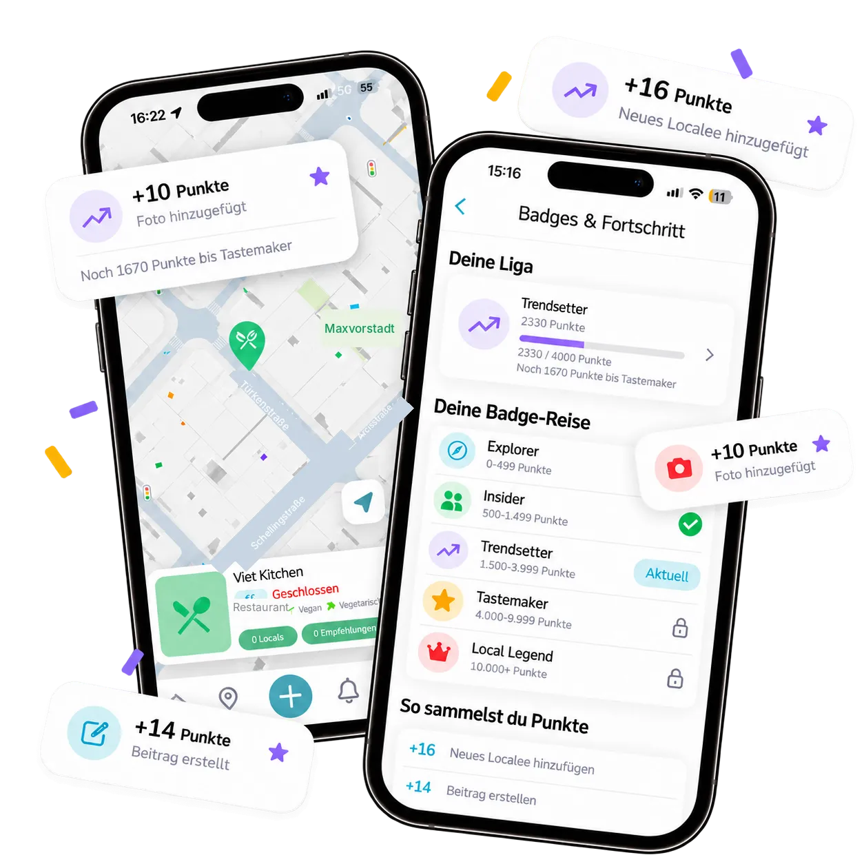 Localee App mit Punkten für Fotos und Beiträge, Badges und Liga von Explorer bis Local Legend