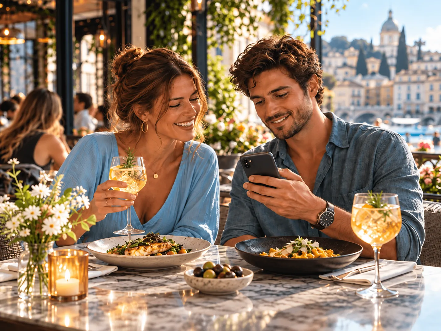 Ein Paar genießt ein Abendessen auf einer Restaurantterrasse und schaut gemeinsam aufs Smartphone
