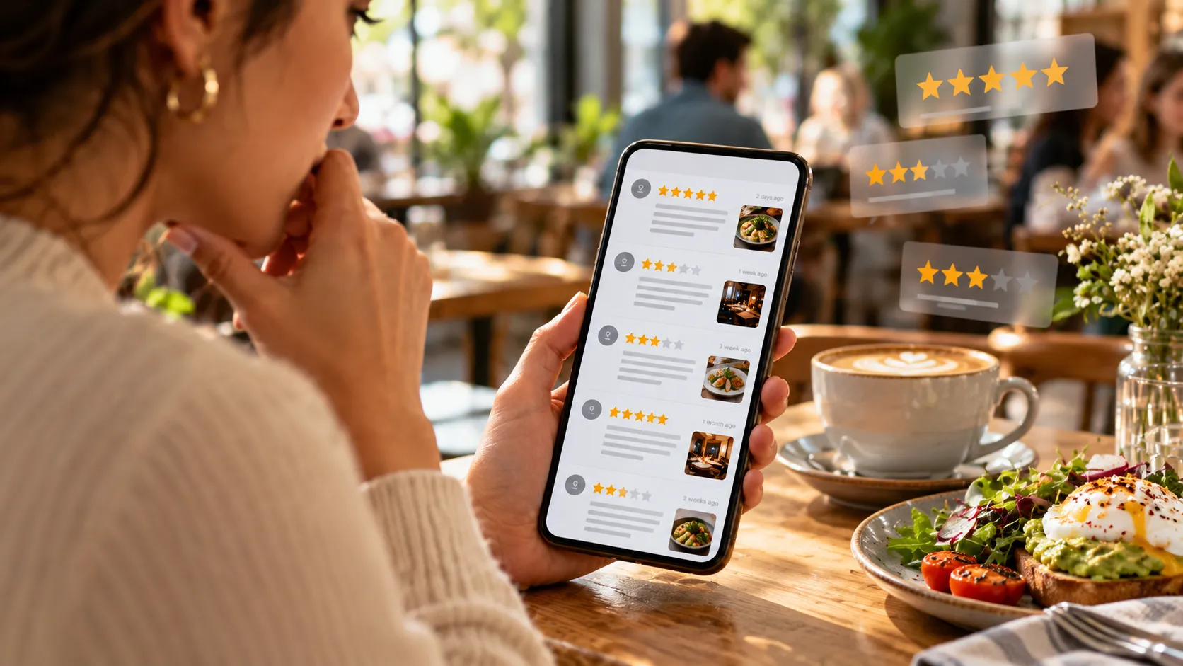 Eine Frau betrachtet im hellen Café auf ihrem Smartphone unterschiedliche Restaurantrezensionen und Sternebewertungen.