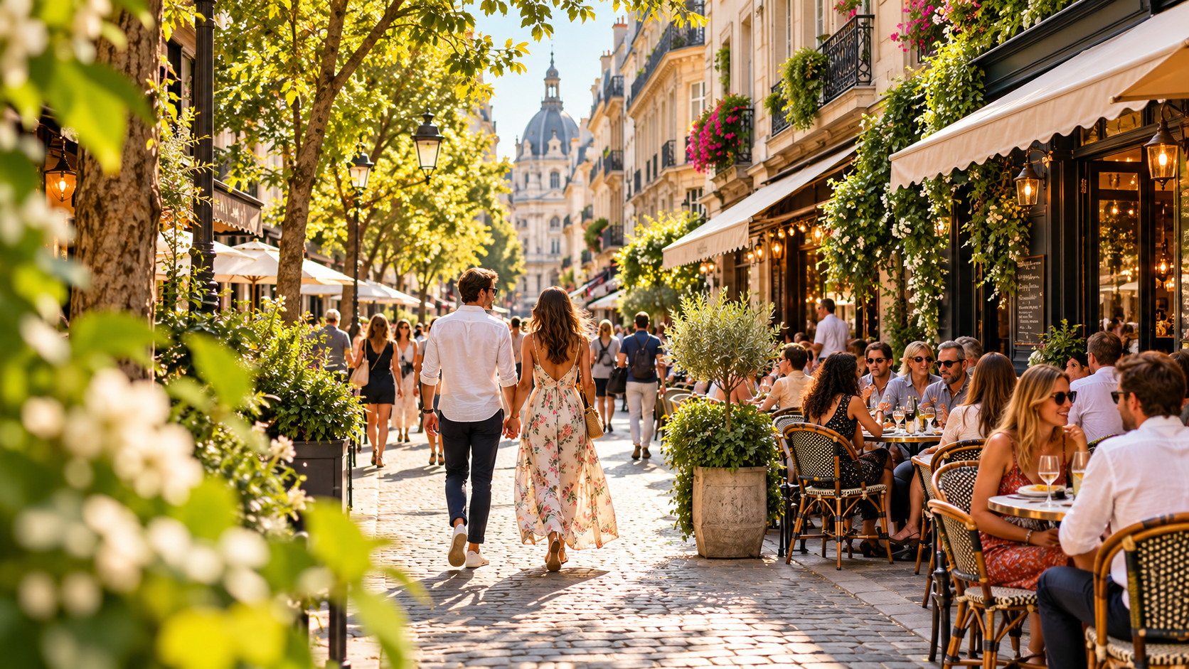 Belebte europäische Straße mit Cafés, Restaurantterrassen und Gästen im Nachmittagslicht